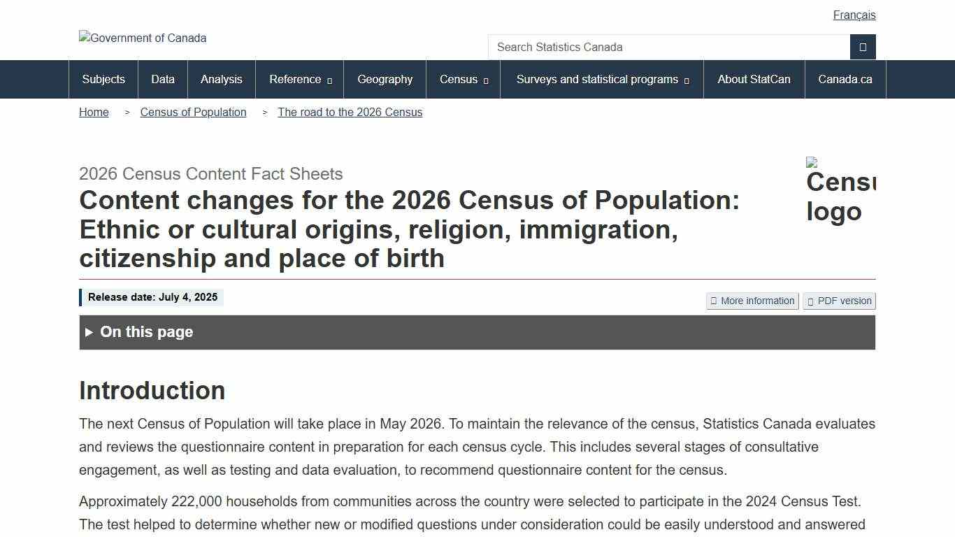 Content changes for the 2026 Census of Population: Ethnic or cultural origins, religion, immigration, citizenship and place of birth
